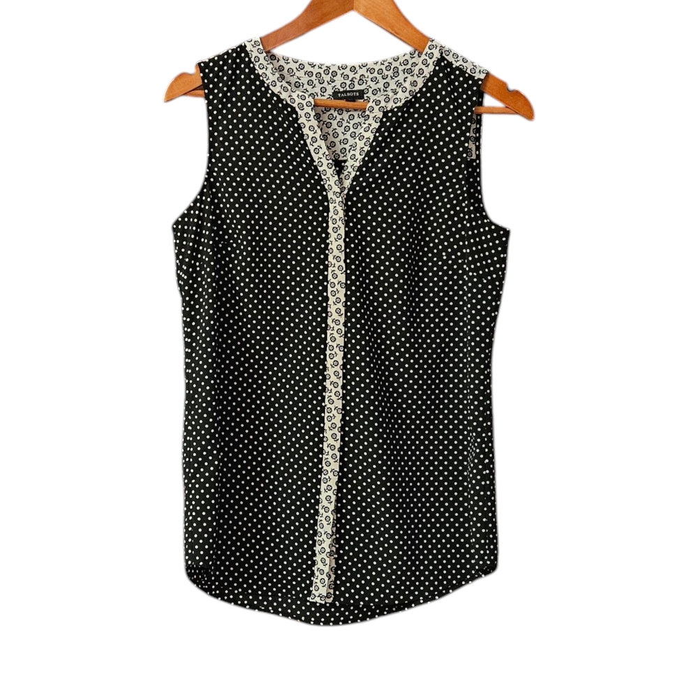 Talbots Sleeveless Women's Blouse Floral Polka Dots Size Small Black Cream